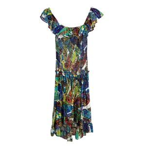 Nanette Lepore Papillon Silk‎ Off Shoulder Smocked Midi Dress Multicolor Small